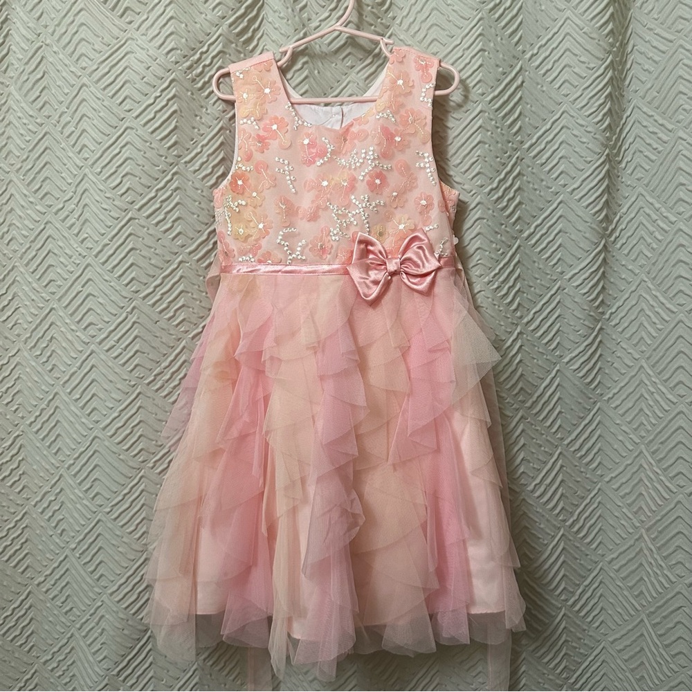 Jona Michelle Pink and Peach Floral Embellished Tulle Dress